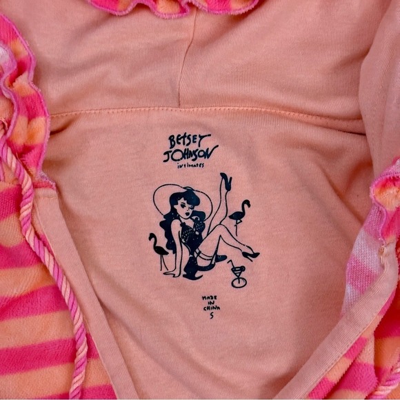 Betsey Johnson Terry Cloth Hooded Swim Cover Neon Pink Peach Sz Small - Picture 2 of 3